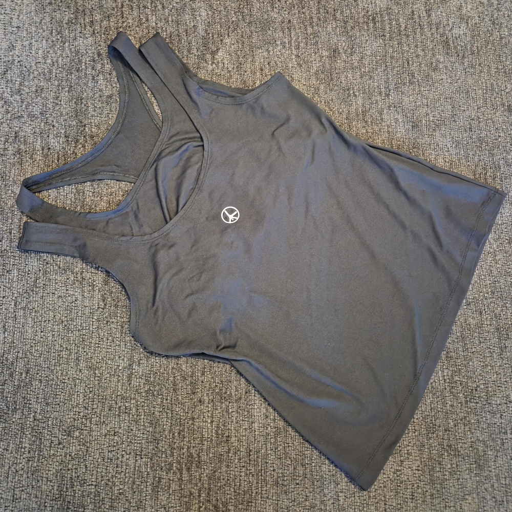 Women's Peacemaker Black Racerback Pilates Double Tank Top with Logo. Size L